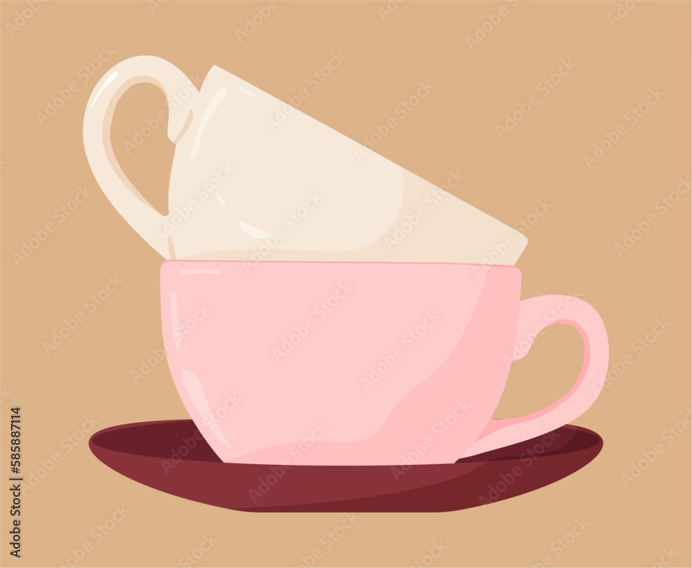Two empty ceramic cups are stacked one inside the other Two empty ceramic cups are stacked one inside the other
