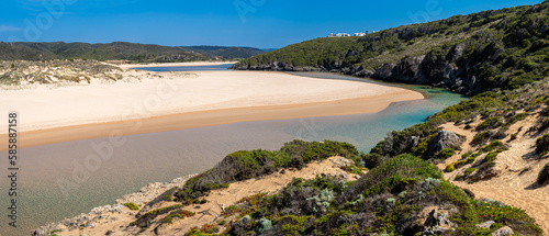 Fototapeta Naklejka Na Ścianę i Meble -  A stunning panoramic view of Praia da Amoreira shows a wide expanse of golden sand, crystal clear waters, and towering cliffs under a bright blue sky on a sunny afternoon in Portugal's Algarve region.