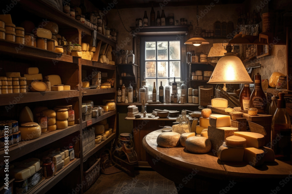 A charming cheese shop boasts an eclectic assortment of cheeses
