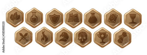 RPG game icon set, vector hexagon UI badge kit, mobile app button collection, health heal sign. Dungeon dragon entertainment concept, skill award, knight sword, magician potion. RPG icon pictogram