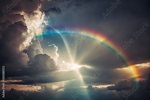 dramatic rainbow stretching across the sky, with the sun peeking through clouds, created with generative ai