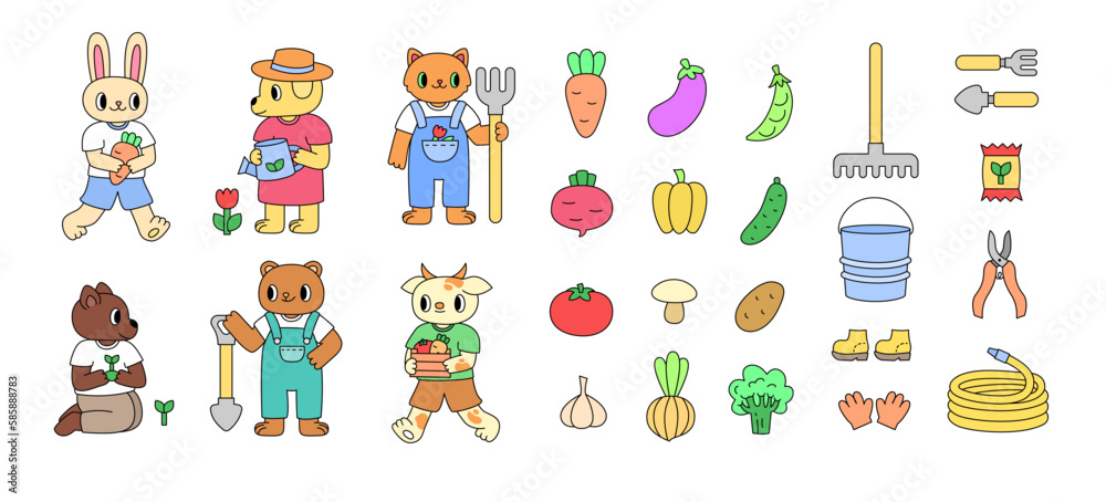 Set farm animals, harvest and garden tools. Trendy retro cartoon style. Set farm animals, harvest and garden tools. Trendy retro cartoon style.
