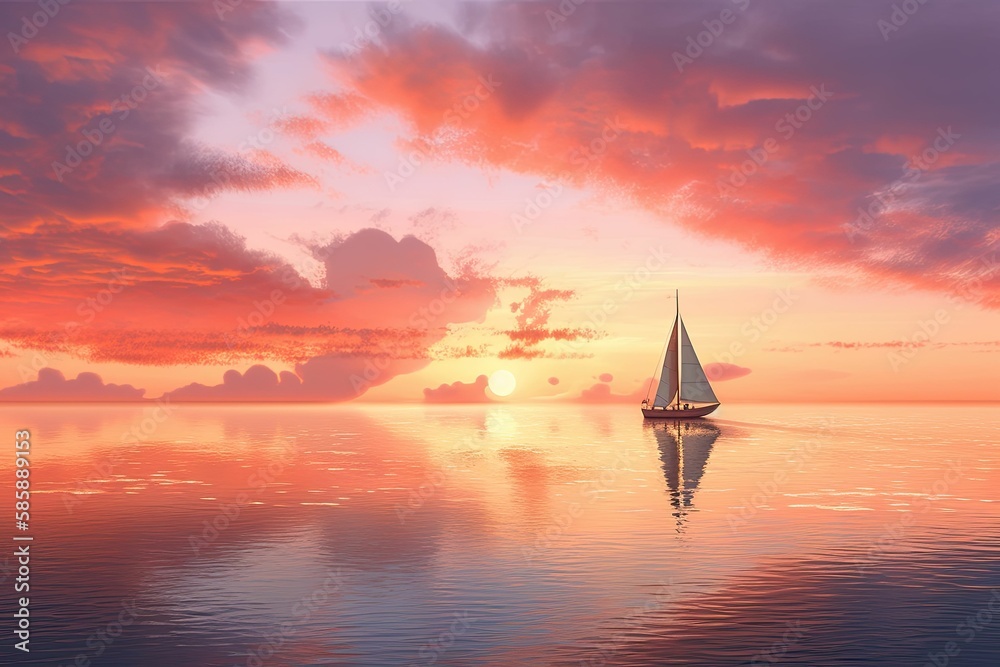 watercoloured boat at sunset. Generative AI.