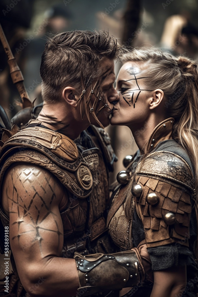 Beautiful warrior couple kissing before going into war. Viking soldier with  medieval armor, tattoos and braided hair. Generative Ai Stock Illustration  | Adobe Stock