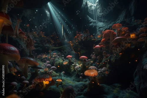 A wet cave with a mushroom forest landscape