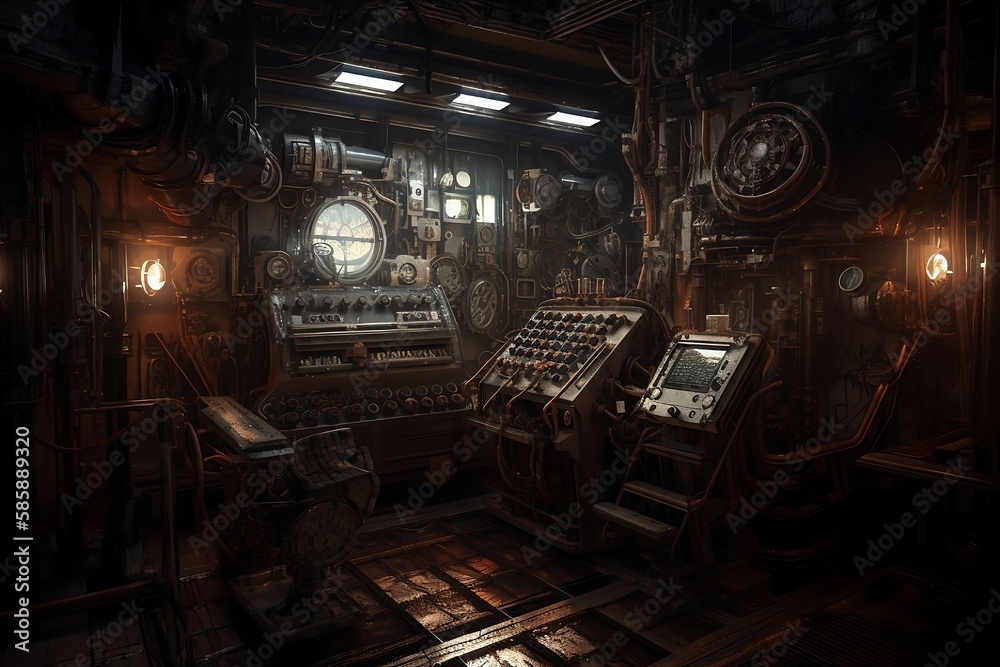 Steampunk technology room background 