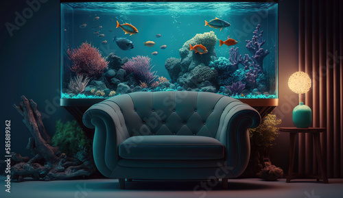 Fototapeta Naklejka Na Ścianę i Meble -  Minimal living room with interior sofa and under the sea fish tank or aquarium decoration, underwater with coral reef and fishes design concepts, Home decoration mock up, with Generative AI.