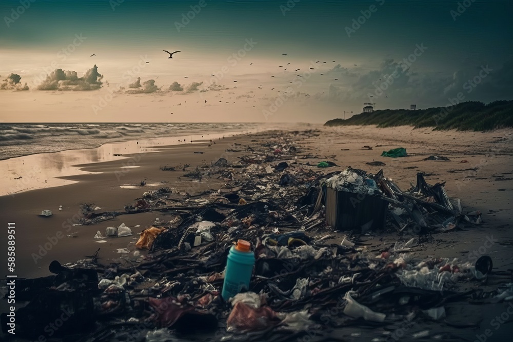 Beach full of garbage and plastic waste. Generative AI