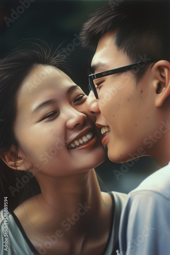 Smiling young Chinese couple embracing together. Vertical. Photorealistic image. Lifestyle, casual closes, close up. Generative AI, no real people referenced