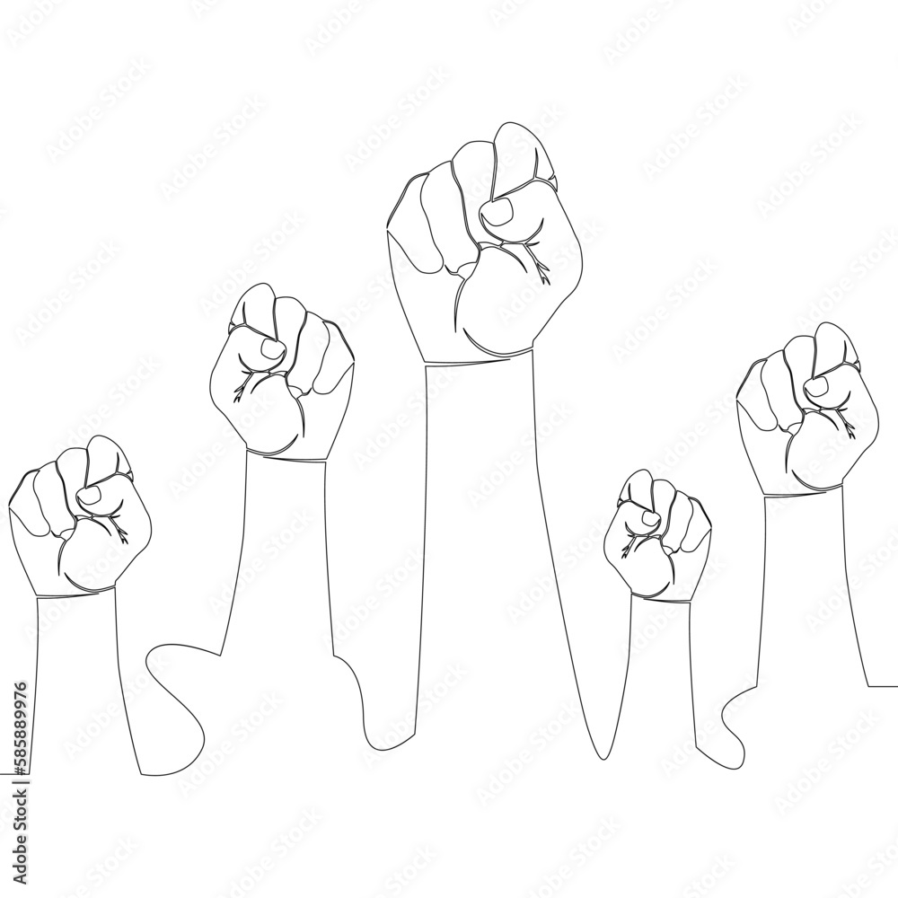 Continuous line drawing fists hands up unity, revolution, fight, cooperation icon vector illustration concept