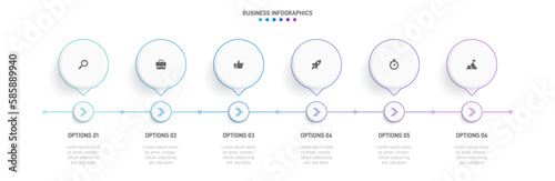 Timeline infographic with infochart. Modern presentation template with 6 spets for business process. Website template on white background for concept modern design. Horizontal layout.