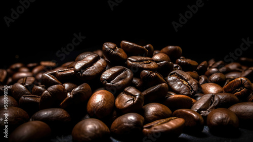 Brown Roasted Coffee Beans Closeup On Dark Background. Generative Ai