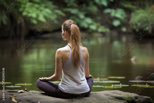 Yoga meditation  yoga teacher   nature buddhist  practicing yoga  zen buddhism. Generative AI.