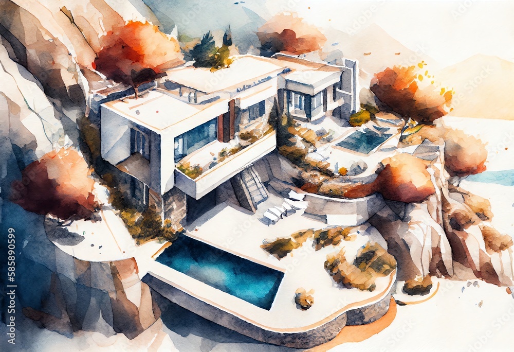 Φωτογραφία Watercolor Illustration of a High Quality Aerial Drone Picture Of Ultra Modern House, Villa With Great, Wonderful Garden Und Beautiful Pool High Up On A Mountain, With Beach And The Sea