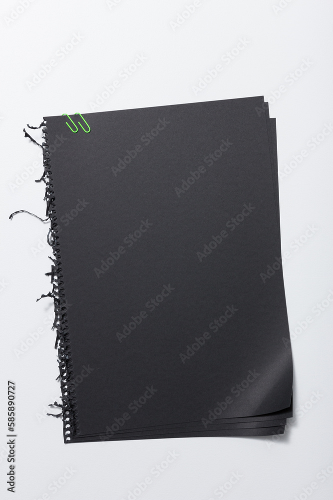 Black sheets held by two green paper clips.