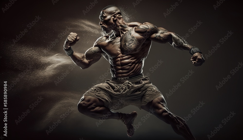 Powerful and Dynamic Muay Thai Fighter in Action Powerful and Dynamic Muay Thai Fighter in Action