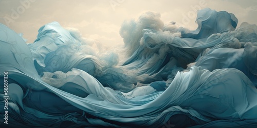 Wallpaper Mural Surreal shapes of an enigmatic seascape of floating windblown fabric folds, turbulent turquoise blue waves and late afternoon sunset horizon clouds - generative AI Torontodigital.ca
