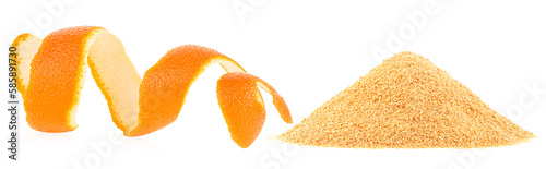 Fotografía Pile of dried orange peel powder and fresh orange skin isolated on a white backg