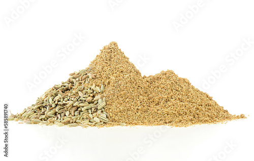 Heap of fennel seeds and ground fennel isolated on a white background