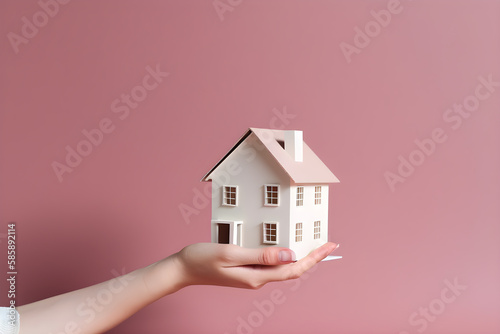 Hands holding a realistic model of a house on pastel pink background. Real eastate concept. Buying and selling home. Generative Ai photo