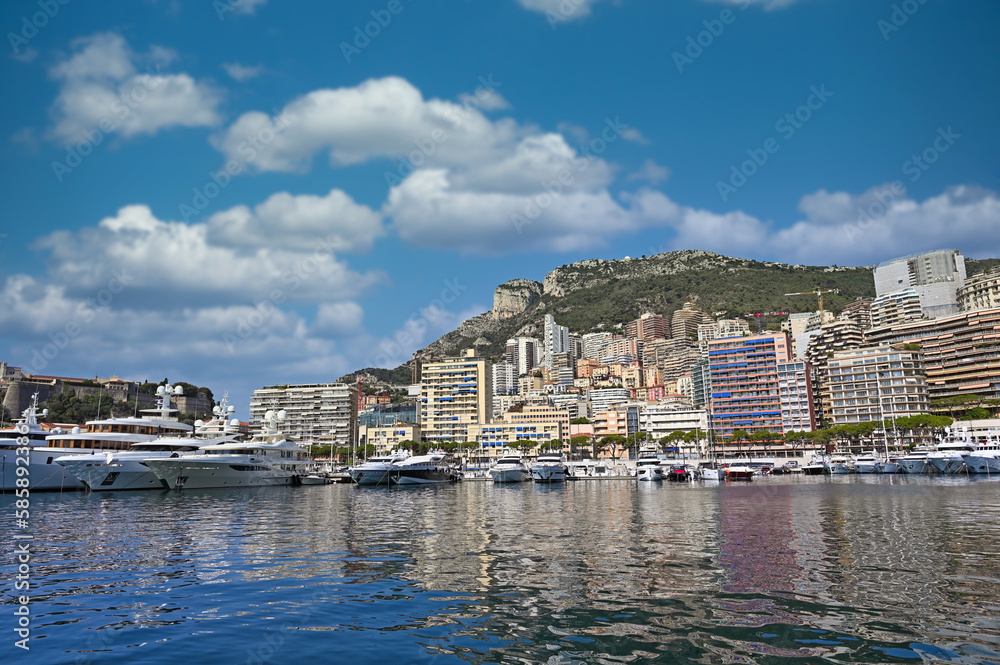 Port with yacht and sailboats in Monaco summertime