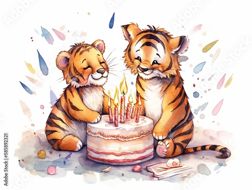 baby tigers playing with birthday cake - watercolor illustration on transparent background, ideal for pet lovers, pet-themed designs, and birthday celebration projects. generative ai