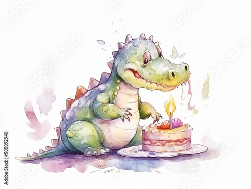baby crocodile playing with birthday cake - watercolor illustration on transparent background, ideal for pet lovers, pet-themed designs, and birthday celebration projects. generative ai © ShadowHero