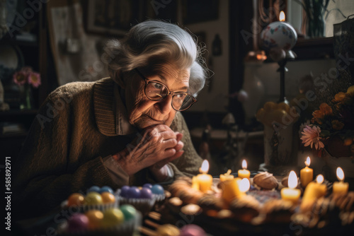 Vintage Easter Unrecognizable old woman making easter eggs in her house.generative ai.