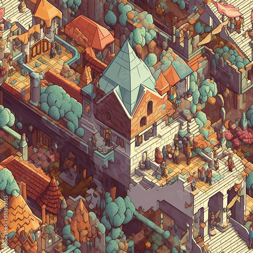 seamless isometric town bustling pattern