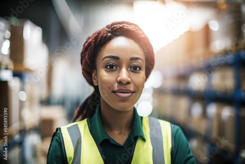 Portrait of confident female warehouse worker smiling for camera in work environment. Generative AI