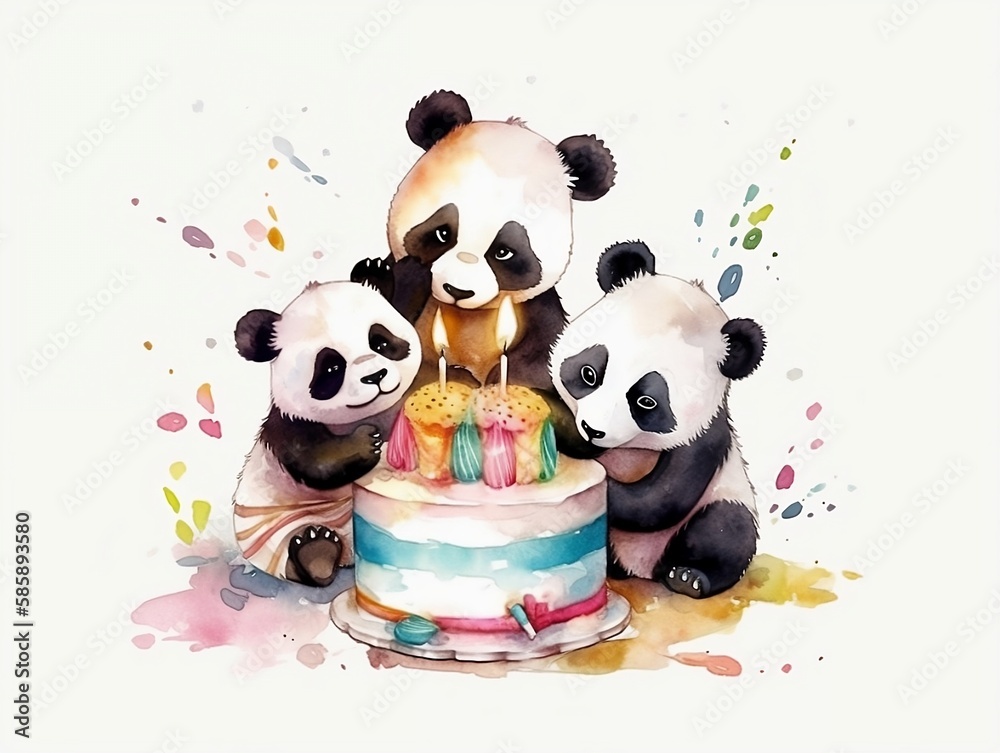 Naklejka premium happy baby pandas playing with birthday cake - watercolor illustration on transparent background, ideal for pet lovers, pet-themed designs, and birthday celebration projects. generative ai