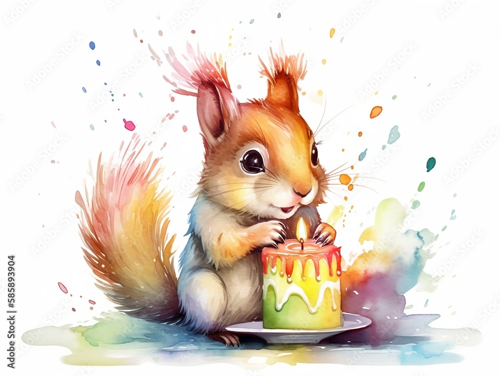 happy squirrel playing with birthday cake - watercolor illustration on ...