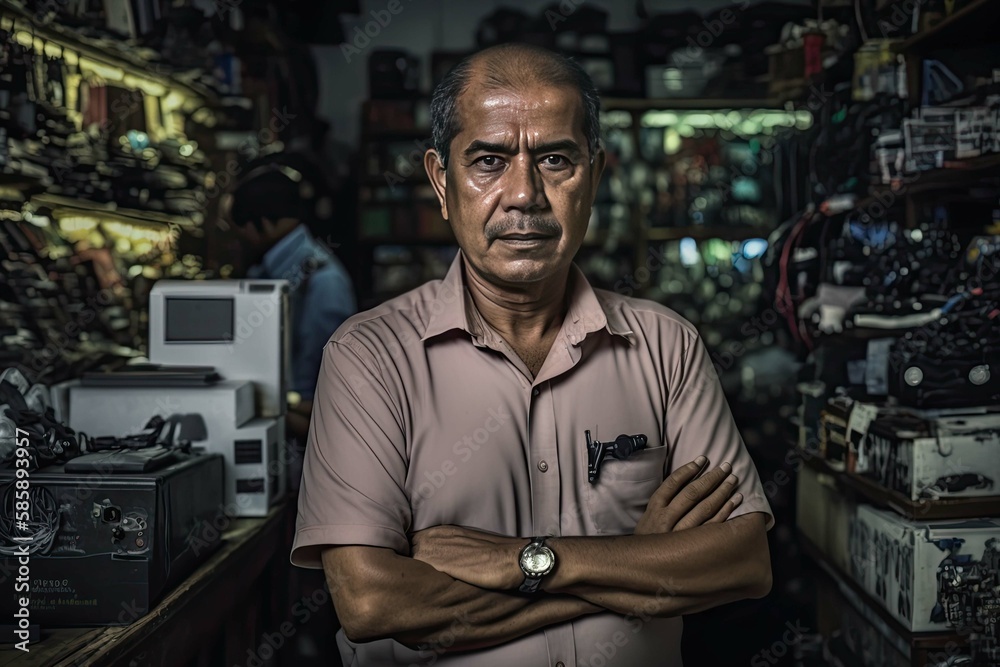 Portrait of small business owner. Headshot of man looking at camera with shop as background. Created with Generative AI Portrait of small business owner. Headshot of man looking at camera with shop as background. Created with Generative AI