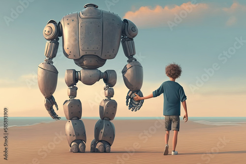 Giant robot and child walking together at sunset. Best friends. Friendship between artificial intelligence and people. Created with Generative AI