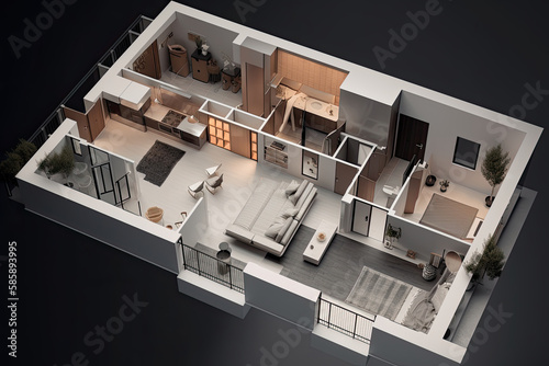 Apartment visualization, design project. Architectural plan for renovation. Living room interior, top view. Created with Generative AI © Lazy_Bear