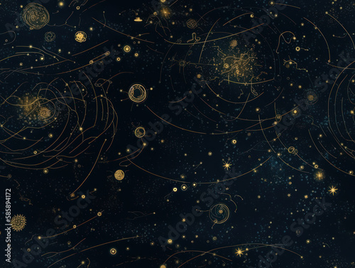Starry sky space background seamless pattern in dark blue and green colors created with Generative AI technology