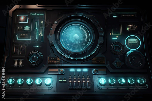 Futuristic central control panel. Operator workplace with a lot of screens and buttons for monitoring technology process at production line. Created with Generative AI