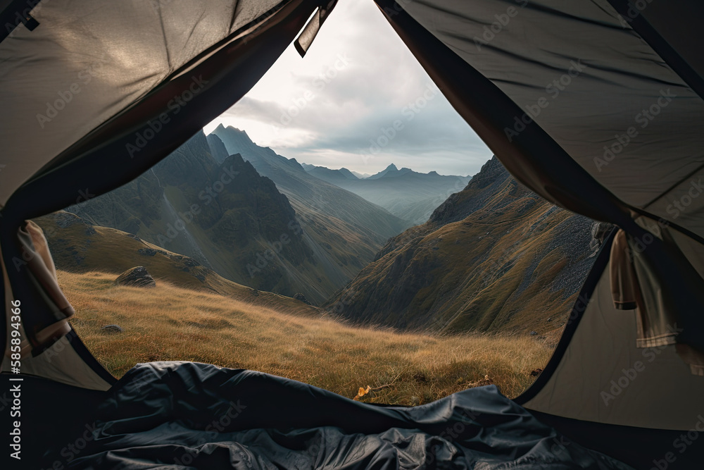 Amazing view from inside tent to mountain landscape. Camping during hike in mountains, outdoor activities. Created with Generative ai