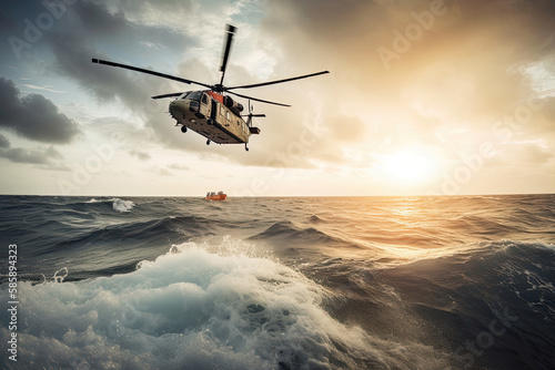 Search and rescue operation in sea. Emergency rescue helicopter flies over sea surface, looking for victims after crash. Created with Generative AI
