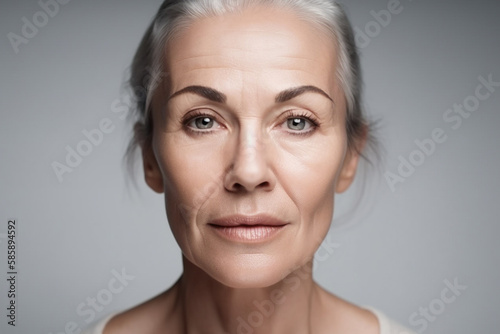 Aged woman portrait on gray background, created with Generative AI Technology