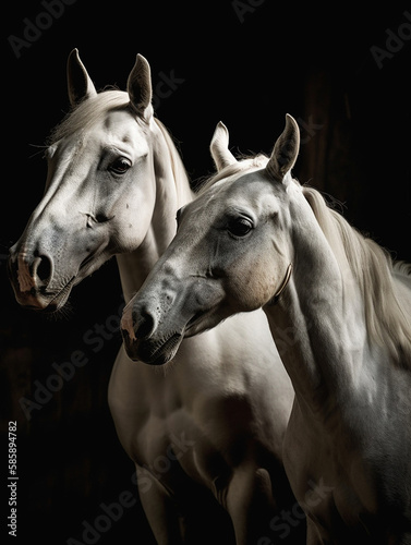 2 White horses portrait in black background  © Studiohood