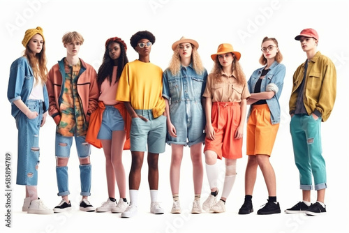 Stylish group of multicolored teenagers on white background isolated, created with Generative AI Technology