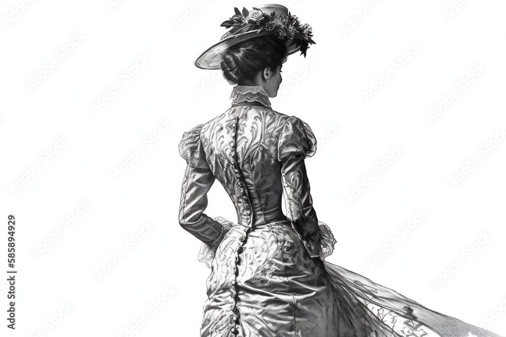 Art lady in Victorian era dress and hat stands on white background, isolated, created with Generative AI Technology