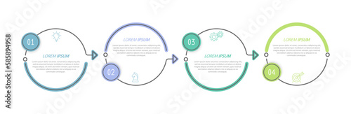Business infographics. 4 stages of achieving the goal. Stages of the workflow, development, marketing, plan or training. Business strategy with icon icons. Report or statistics schema