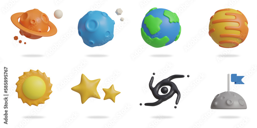 space 3D vector icon set.
saturn planet,meteorite,earth,jupiter,sun,stars,black hole,flag on the moon