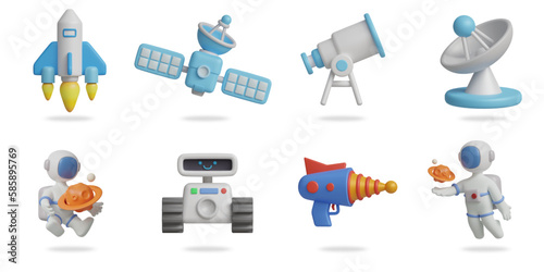 space 3D vector icon set. spaceship,satellite,telescope,satellite dish,astronaut hugs saturn planet,robot,laser gun,flying astronaut