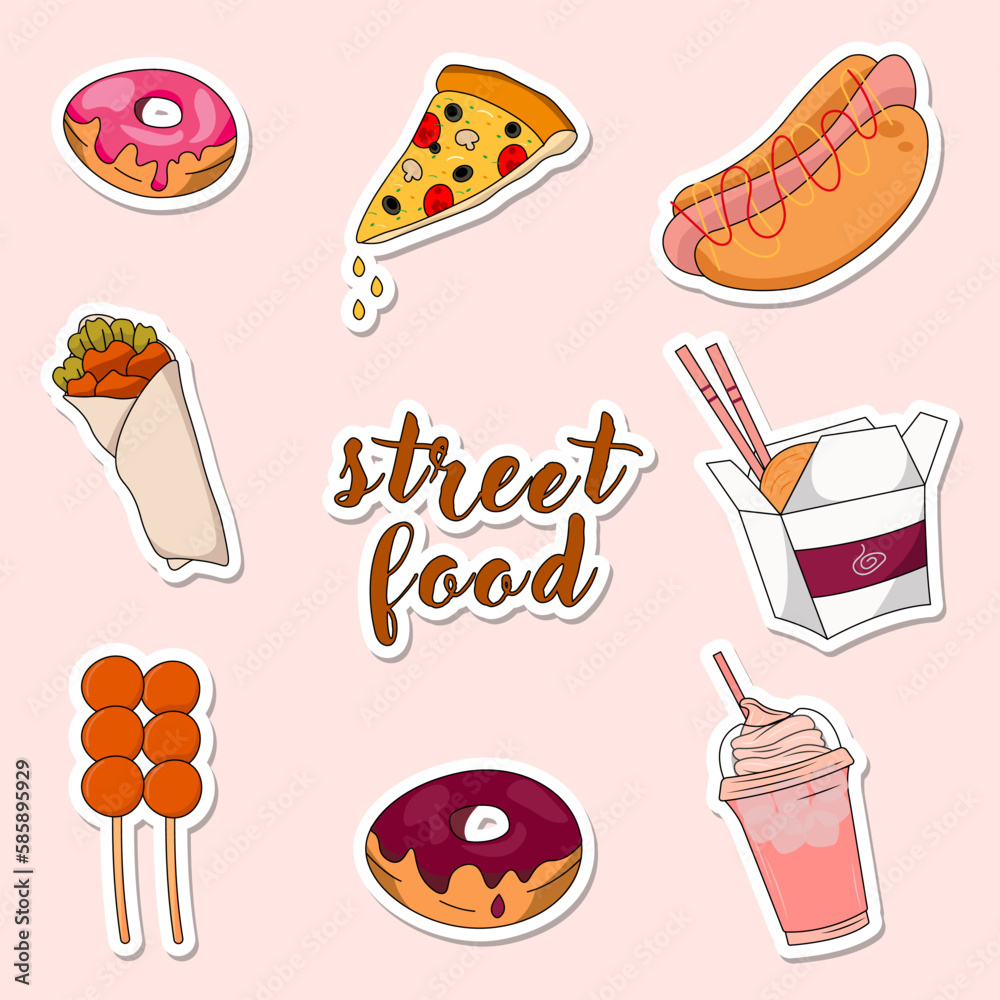 Colorful hand drawn street food stickers design. Vector illustrator