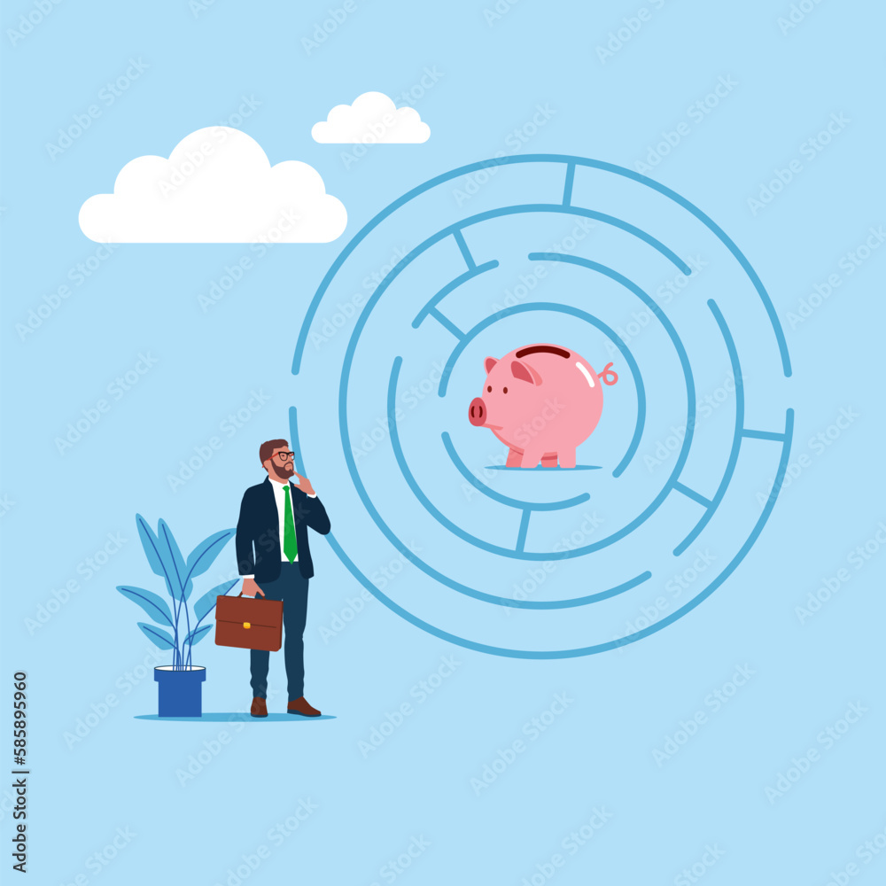 Businessman wanting to enter a piggy bank maze. Flat vector illustration Businessman wanting to enter a piggy bank maze. Flat vector illustration