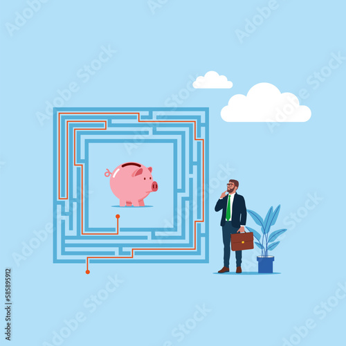 Businessman wanting to enter a piggy bank maze. Modern vector illustration in flat style
