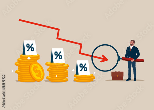 Businessman hold magnifying with pile of coins symbol. Interest downgrade hike due to inflation. Modern vector illustration in flat style
